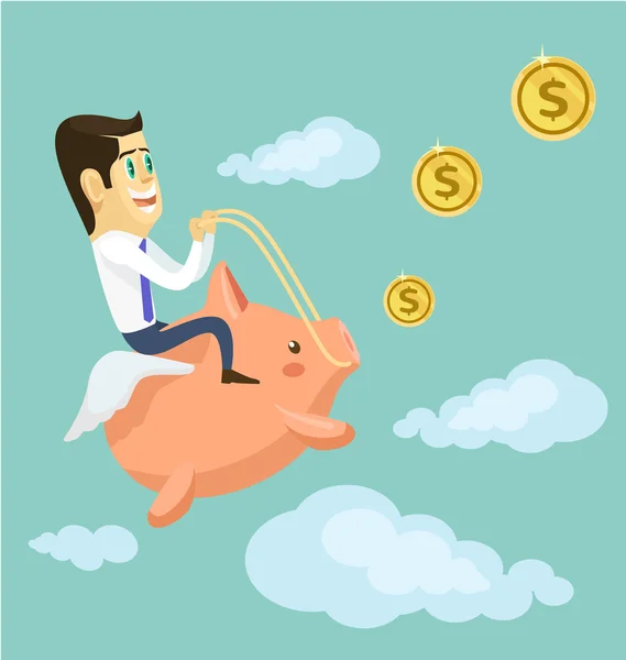 Businessman riding piggy bank. Vector flat cartoon illustration — Stock Vector