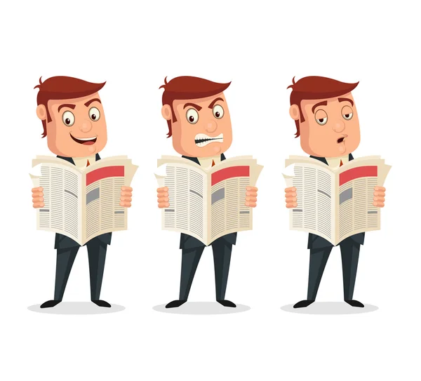 Businessman reading newspaper with different emotions. Vector flat cartoon illustration — Stock Vector