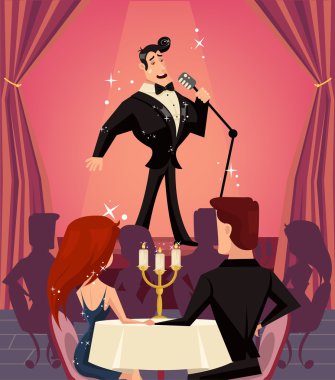 Singer in restaurant. Vector flat cartoon illustration