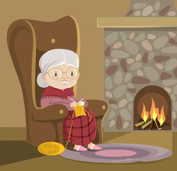 Nonna lavora a maglia. illustrazione del fumetto piatto vettoriale — Vettoriale Stock