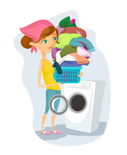 Hemmafru tvättar. Vektor platt karikatyr illustration — Stock vektor