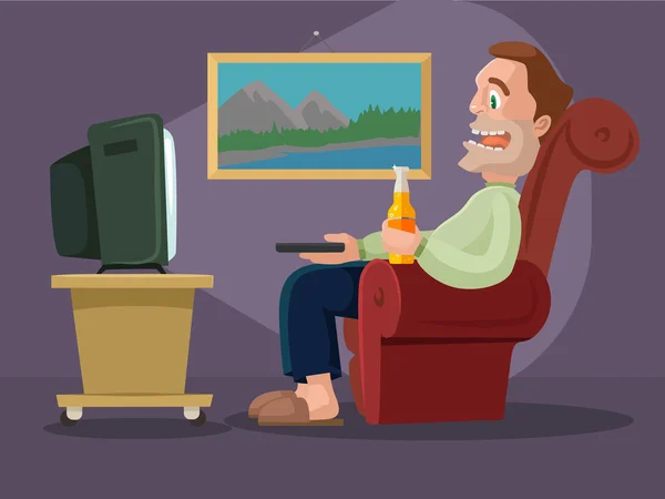 Un homme regardant la télévision. Illustration vectorielle de dessin animé plat — Image vectorielle