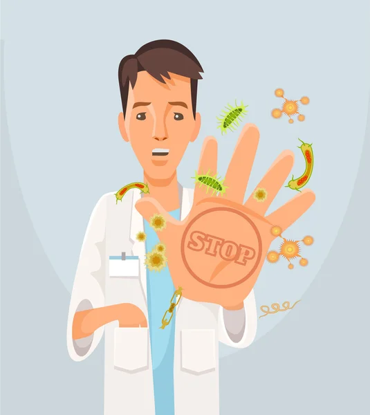 El doctor detiene virus. Ilustración plana del vector — Vector de stock