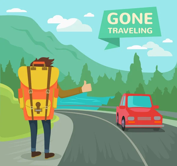 Hitchhiking tourism concept. Vector flat illustration — Stock Vector
