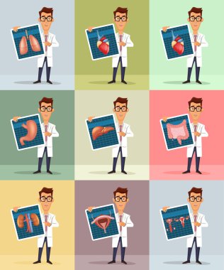 Doktor ve iç organlar. Vektör düz çizim
