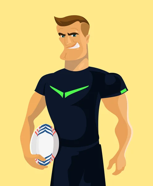 Giocatore di rugby con una palla da rugby. Illustrazione piatta vettoriale — Vettoriale Stock