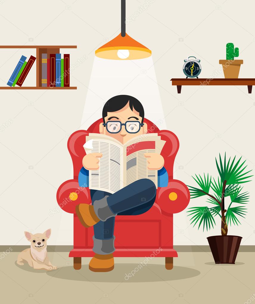 Man reading newspaper. Vector flat cartoon illustration