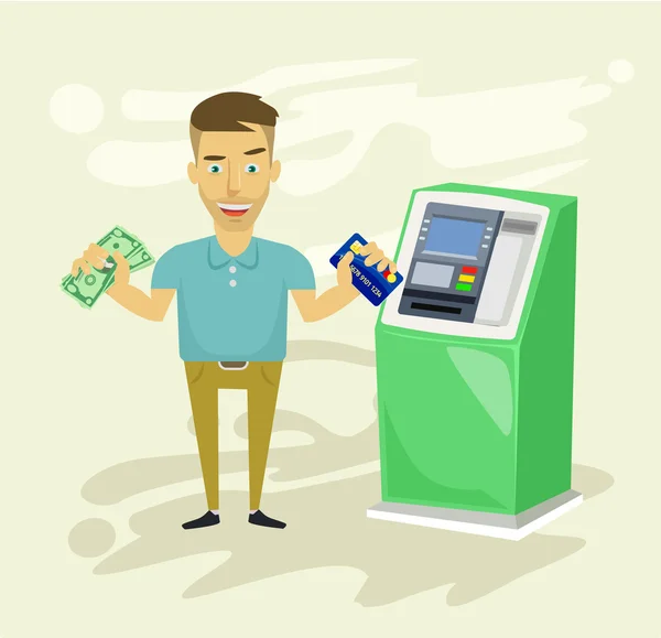 Empresario retirando dinero del cajero automático. Ilustración plana del vector — Vector de stock