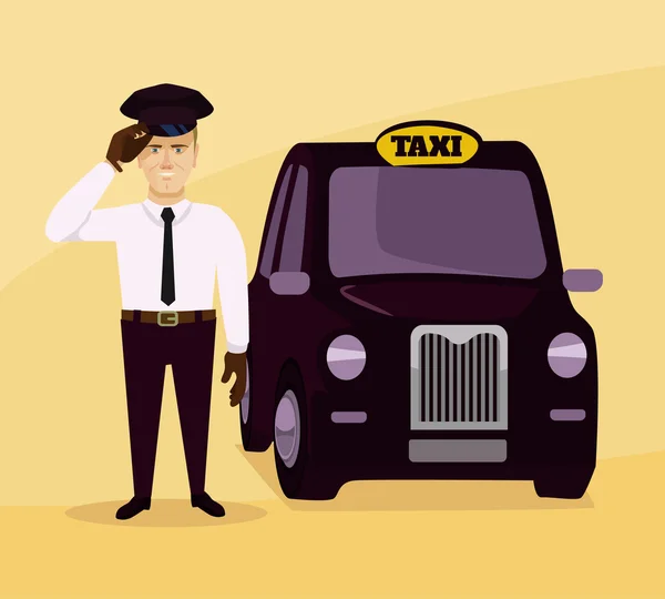 De taxichauffeur en auto. Platte vectorillustratie — Stockvector