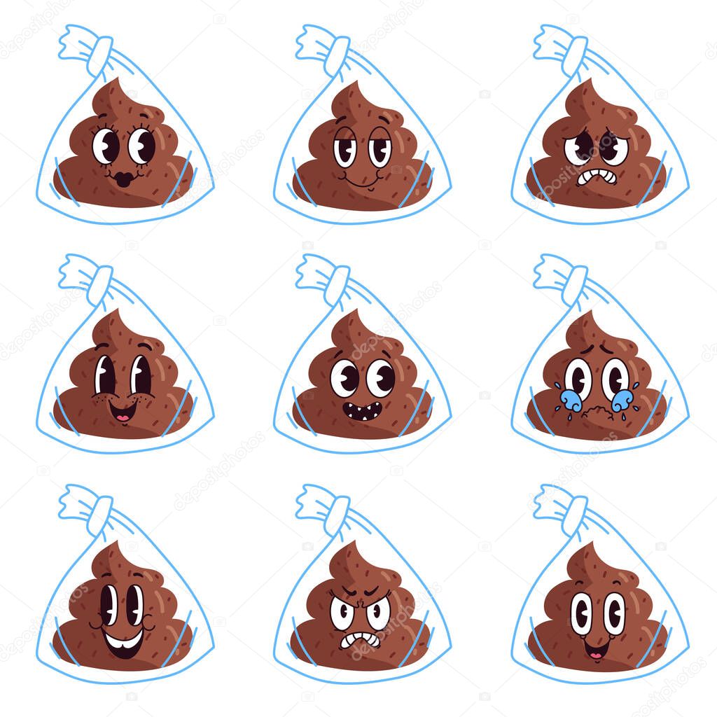 Poop excrement cute character kawaii in plastic bags isolated set. Vector graphic design illustration