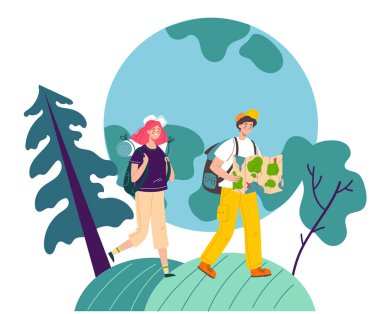 Tatil aletleri ile turist seyahat karakteri izole edilmiş nesneler koleksiyonu. Vektör grafik tasarımı illüstrasyonu