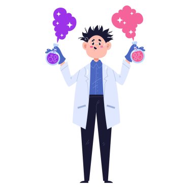 Bilimsel araştırma konsepti oluşturan bilim adamı karakterleri. Vektör düz çizgi film tasarım elemanı çizimi