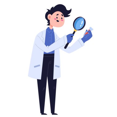 Bilimsel araştırma konsepti oluşturan bilim adamı karakterleri. Vektör düz çizgi film tasarım elemanı çizimi