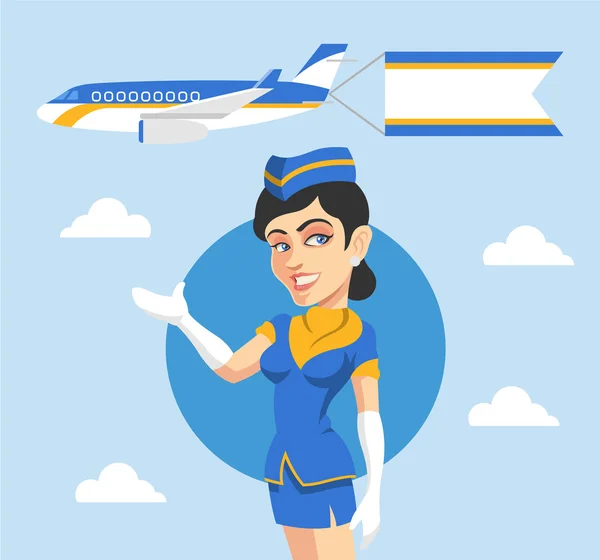 Hostess e aeroplano dietro di lei. Illustrazione piatta vettoriale — Vettoriale Stock