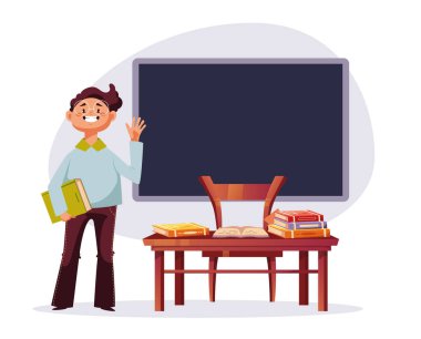 Okul çocuklarına geri dönüş çizgi film eğitimi arka plan afişi konsepti. Vektör grafik tasarımı illüstrasyonu