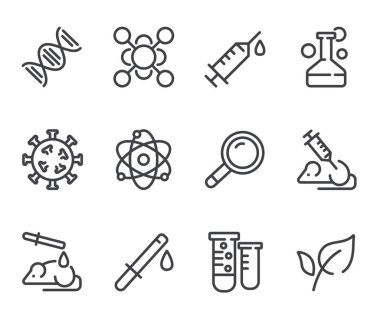 Klinik deney çizgisi simgeleri. Taslak semboller seti, basit grafik elementler, modern doğrusal stil siyah piktogram koleksiyonu. Vektör satırı simgeleri ayarlandı