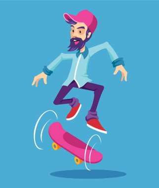 Hipster karakter longboard üzerinde. Vektör düz çizgi film illüstrasyon