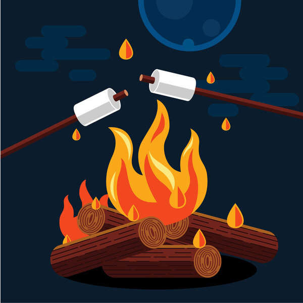 Bonfire with marshmallow. Vector flat illustration