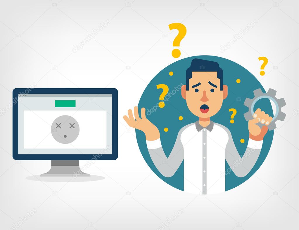 Man with broken computer. Vector flat illustration