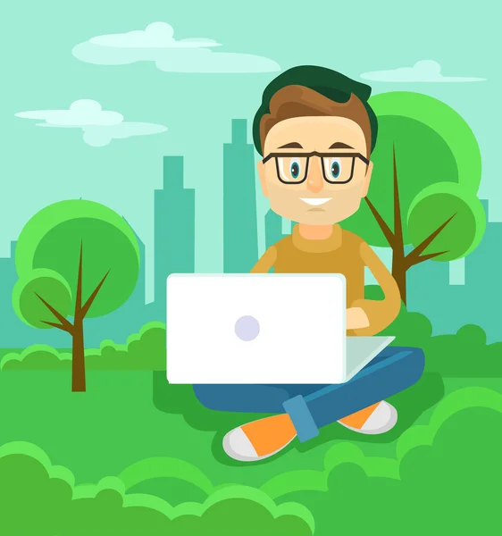 Freelancer trabajando al aire libre. Ilustración plana del vector — Vector de stock