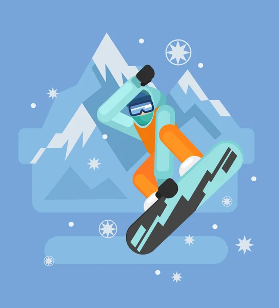 Snowboarder glijden bergafwaarts. Platte vectorillustratie — Stockvector