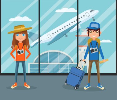 Havaalanı terminal insanlar. Vektör düz çizgi film illüstrasyon