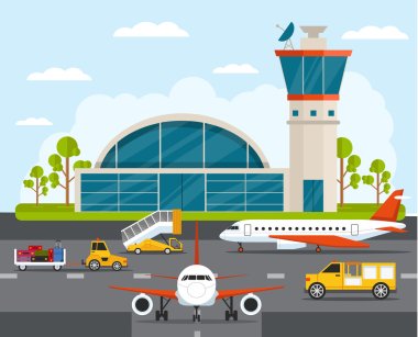 Airport with infographic elements templates. Vector flat illustration