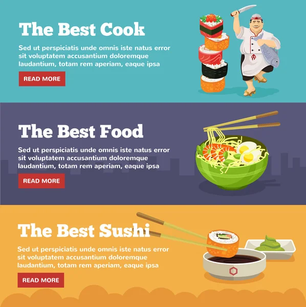 Bandiere alimentari asiatiche con sushi. Illustrazione piatta vettoriale — Vettoriale Stock