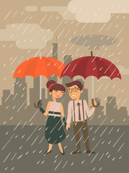 Boy and Girl dengan payung. Ilustrasi rata vektor - Stok Vektor