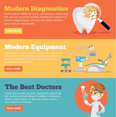 Stomatology yatay afiş kümesi. Vektör düz çizim