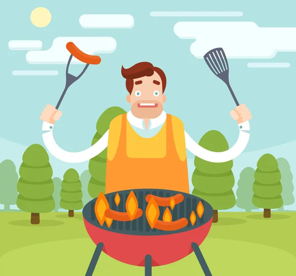 Barbecuing guy. Vector flat illustration — Stock Vector