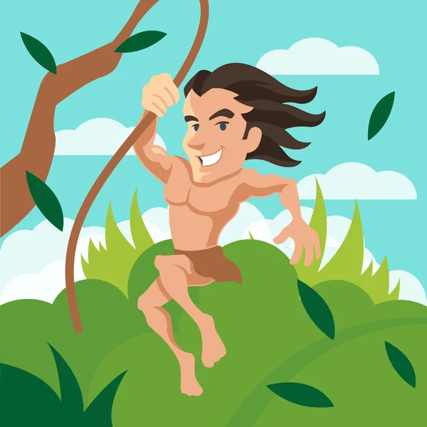 Tarzan berayun di pohon anggur. Ilustrasi kartun vektor - Stok Vektor