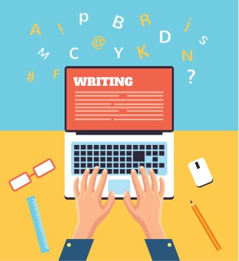 Hand typing on laptop. Vector flat illustration clipart