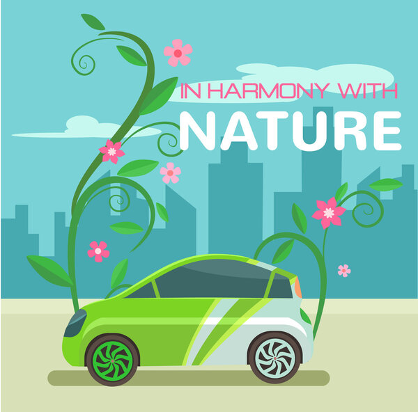 Электромобиль. Векторная эко-плоская иллюстрация
