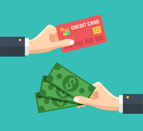Hand with credit card and hand with cash. Vector flat illustration