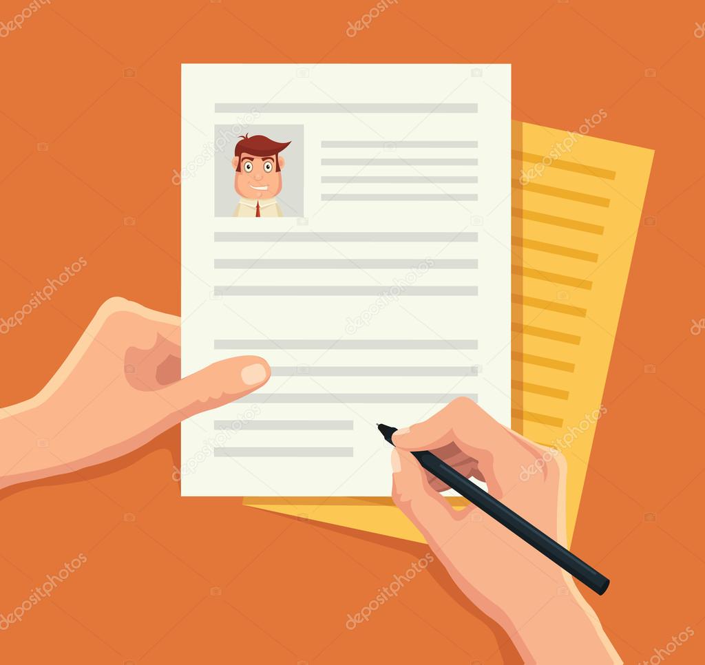 Hand with pen signs documents. Vector flat illustration