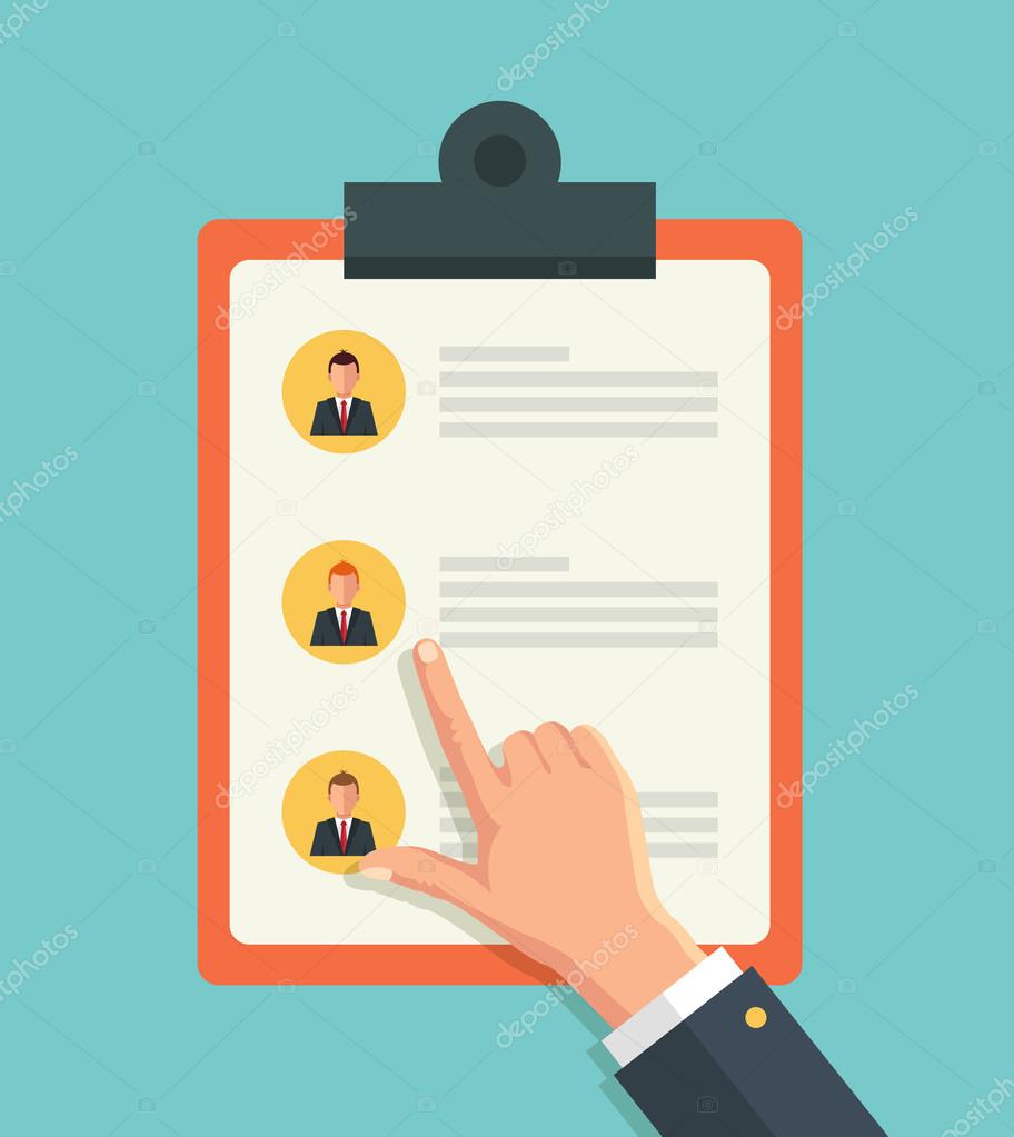 Pointing hand and hand with list of job applicants. Vector flat illustration