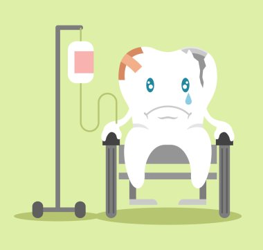 Tekerlekli sandalyede oturan bandajlı üzgün diş. Vektör düz çizim