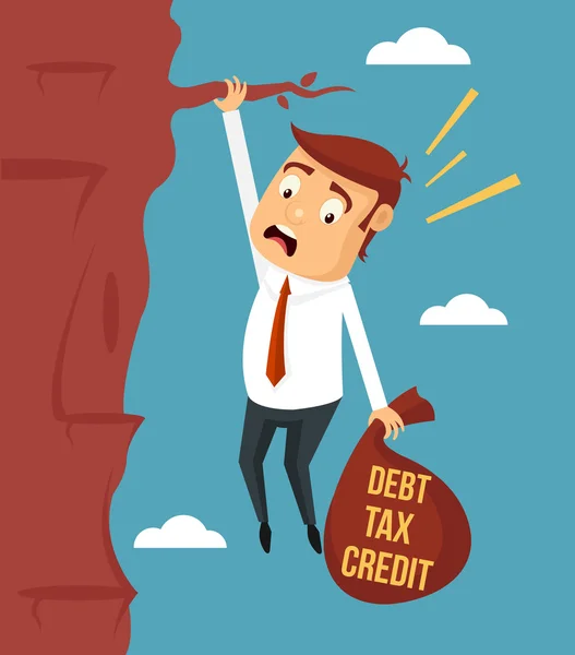 Businessman try hard to hold on the cliff with debt burden. Vector flat illustration — Stock Vector