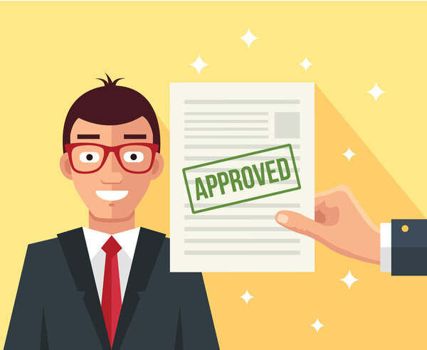 Hand holds approved application. Vector flat illustration