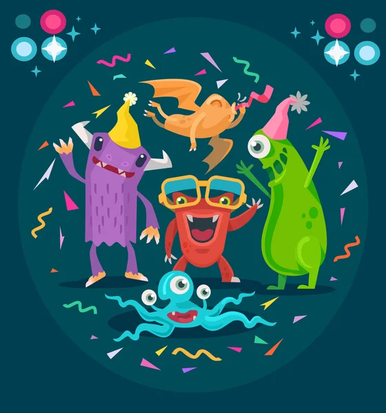 Diseño de tarjeta de fiesta monstruo. Ilustración plana del vector — Vector de stock