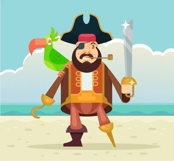 Capitán pirata con loro. Ilustración plana del vector — Vector de stock