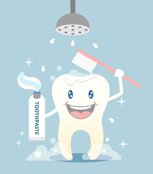 Cepillarse los dientes y ducharse. Ilustración plana del vector — Vector de stock