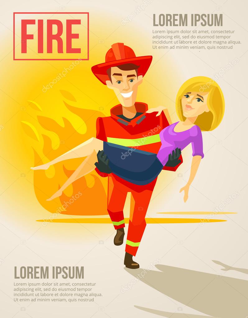 Fireman carrying girl. Vector flat illustration