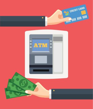 Banka ATM terminali ve kredi kartı nakit hizmet. Vektör düz çizim