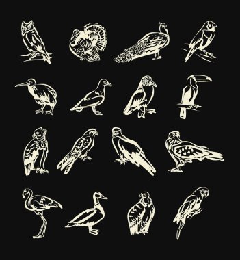 Kuşlar beyaz doodle Icon set vektör