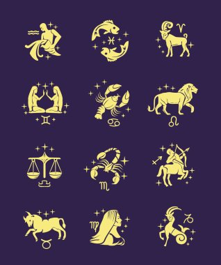 Zodiac signs vector outline gold icon set clipart