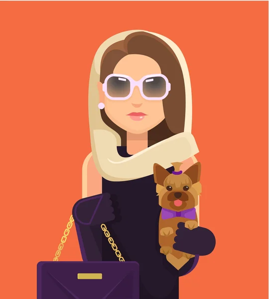 Mulher de moda com cachorrinho. Ilustração plana vetorial — Vetor de Stock
