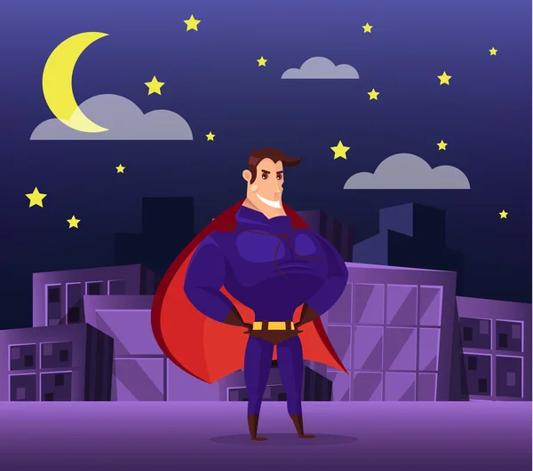 Superhéroe de pie en el techo por las noches. Vector plano ilustración de dibujos animados — Vector de stock