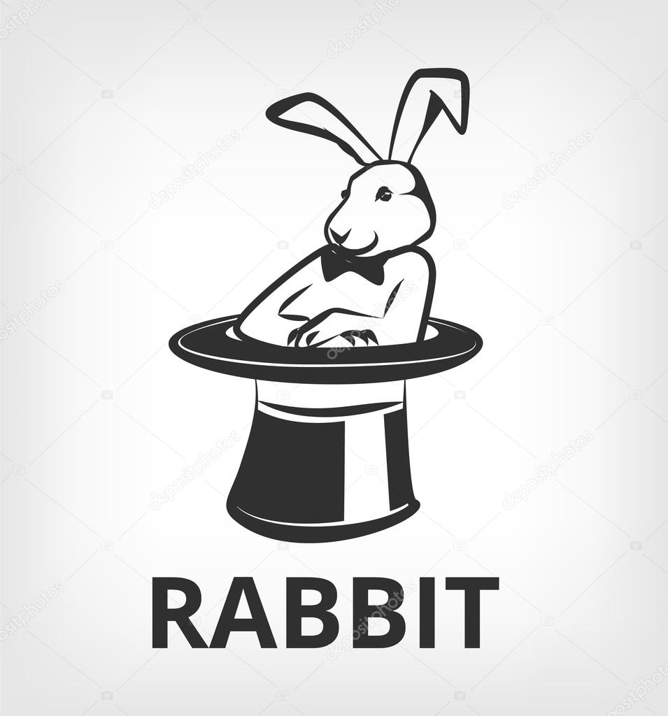 Rabbit in magic hat. Vector black icon logo flat illustration